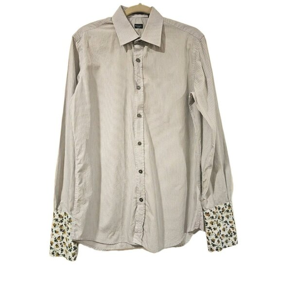 Paul Smith Italy Roll-Up Long Sleeve Shirt Contrast Cuff MED Gray Plaid Floral - Picture 1 of 12
